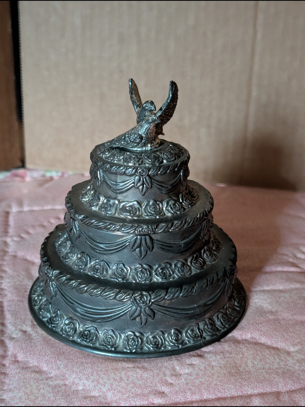 Decorative Silver-Tone Tiered Cake Trinket Box with Dove Accent